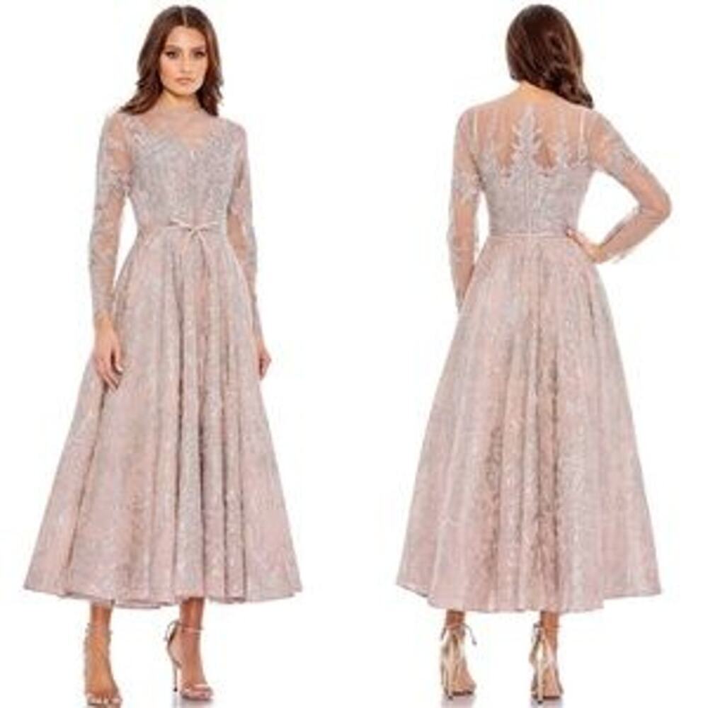 Mac Duggal Embellished Bow Belt Illusion Long Sleeve Dress Size 12 NWT
